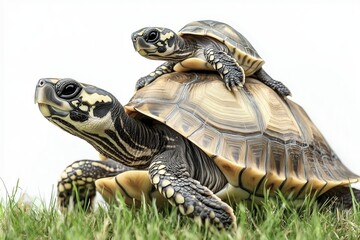 Fototapeta premium Small baby tortoise turtle riding on mother's back in green grass.