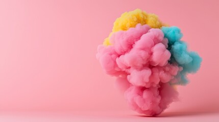 Fototapeta premium A colorful cloud of smoke in pink, yellow, and blue against a soft pink background, creating a whimsical and vibrant visual.