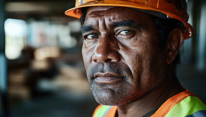Portrait highlights an Australian Aboriginal man's determined expression, showcasing his work attire in a construction environment