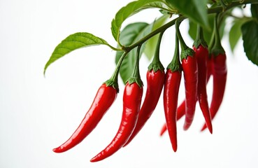 Fresh red chili peppers with shiny branches hanging down isolated on white background. Spice vegetable plant for organic food seasoning concept. Agriculture harvest still life with hot paprika pods.
