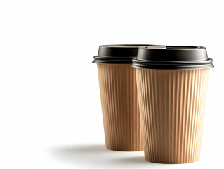 Two stylish brown disposable coffee cups with black lids, perfect for hot beverages on the go. Ideal for cafe and beverage marketing.
