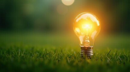 Inspiring glowing lightbulb illuminating green grass outdoors