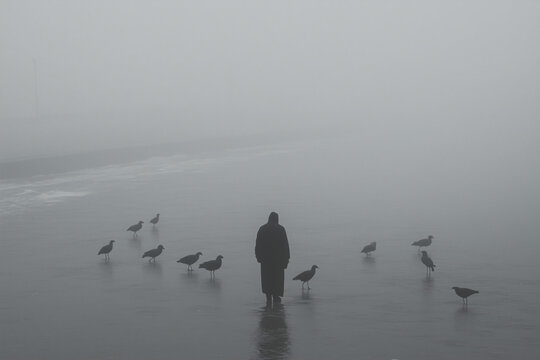 Solitary Figure in the Mist: A lone figure walks pensively amidst a flock of birds on a misty day.