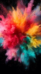 A vibrant explosion of colorful dust particles creates a striking visual contrast against a black background.