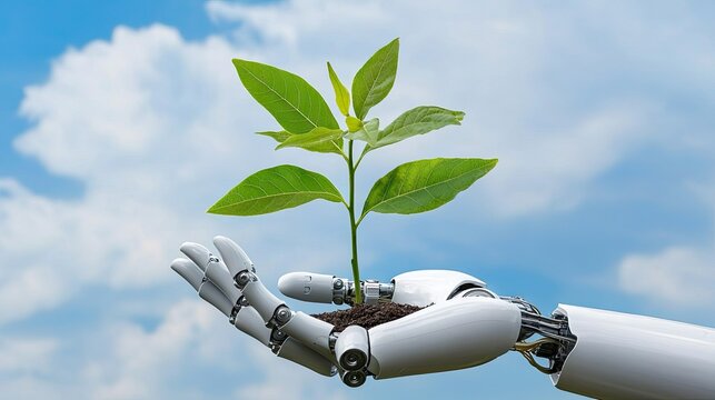 A harmonious blend of nature and technology as robot hands hold a sprouting plant, with SDG visuals.