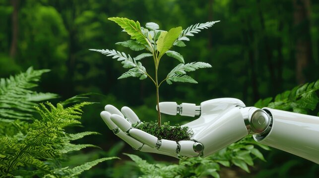 A harmonious blend of nature and technology as robot hands hold a sprouting plant, with SDG visuals.