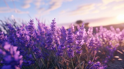Fototapeta premium Lavender flowers in the mountains at sunset. Summer landscape.