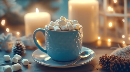 Fototapeta premium A cozy blue cup filled with marshmallows sits on a plate, surrounded by candles and pinecones, creating a warm, inviting atmosphere.