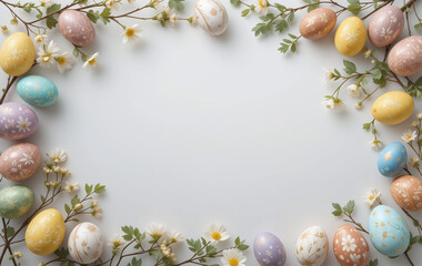 An Easter frame with a border of small eggs against a warm grey background.