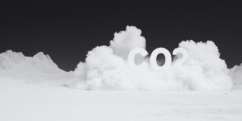 CO2 Emission: Conceptual image of the environmental crisis, with CO2 letters are surrounded by smoke representing the environmental pollution. 