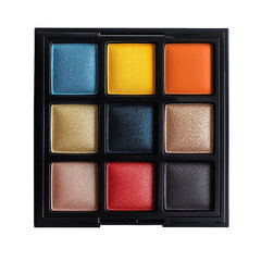 Fototapeta premium A palette of 12 vibrant eyeshadow colors, including blue, yellow, orange, gold, black, bronze, and red, arranged in an array of metallic shades.