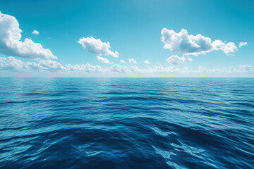 Obraz premium Blue ocean under bright sun, white clouds drift above, creating a serene seascape.
