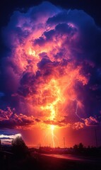Dramatic lightning strikes illuminate colorful storm clouds at sunset