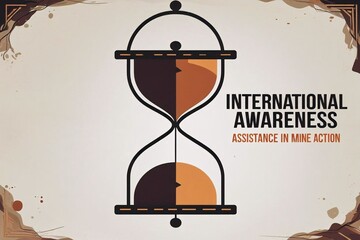 A minimalist poster for the International Day for Mine Awareness and Assistance in Mine Action. The design features a striking hourglass symbol, representing time and urgency.