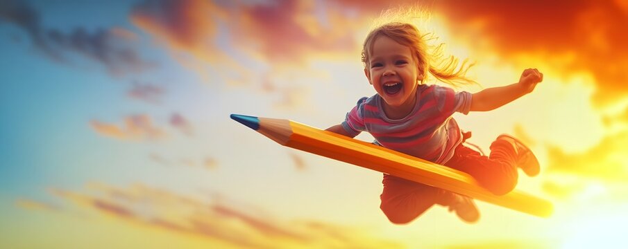 Girl joyfully soaring through the sky on a giant pencil