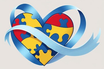 A heart-shaped puzzle made of blue, yellow, and red pieces is embraced by a flowing light blue awareness ribbon. 