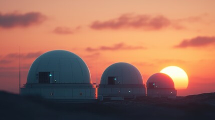 Observatories Under Sunset Skies with Large Domes and Glowing Lights Capturing Celestial Wonders