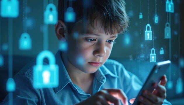 Boy uses smartphone with digital locks hovering. Concept of cyber safety, internet security. Protection of children in cyberspace. Data protection on mobile device. Securing personal information