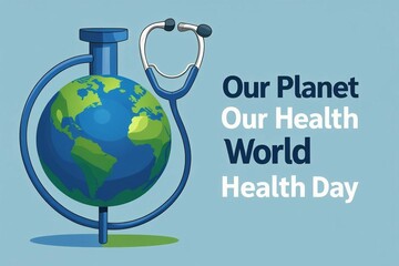 A digital illustration for World Health Day featuring a blue and green globe wrapped with a stethoscope, symbolizing global health awareness.