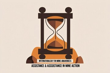 A minimalist poster for the International Day for Mine Awareness and Assistance in Mine Action. The design features a striking hourglass symbol, representing time and urgency.
