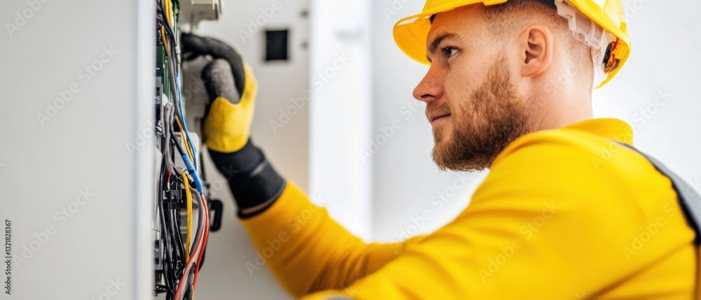 Poster smart home revolution professional technician installing next-gen iot electrical panel with advanced