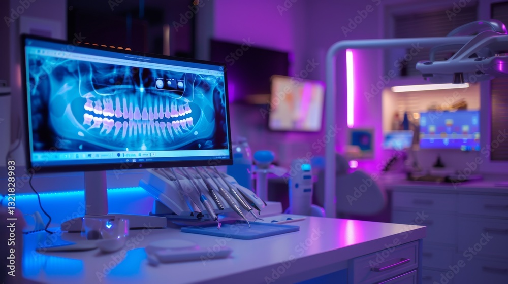 Poster a dental clinic showcases advanced technology with an illuminated screen displaying an x ray of teet
