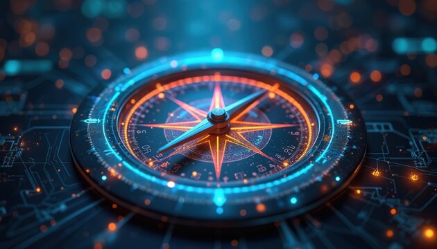 Modern digital compass with glowing blue-orange lines, particles shows navigation tech. Futuristic design featuring cardinal directions. Concept for guidance, orientation, exploration, innovation,