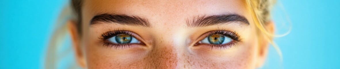 Fototapeta premium Vibrant Gen Z Wellness Aesthetics Empowering Mindful Close-Up of Dynamic Young Professionals Serene Gaze in High-Resolution Blue Color Psychology Imagery