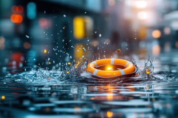Fototapeta premium Urban Safety: Bright Orange Lifebuoy in Rainy Cityscape with Moody Reflections and Water Splashes