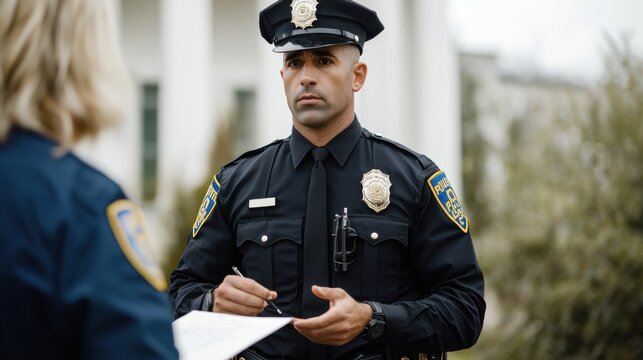 A focused police officer engages in conversation, taking notes while interacting with another officer outdoors.