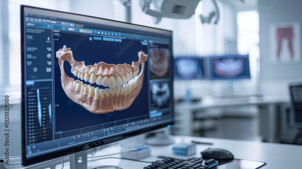 Poster high tech dental imaging software shows a 3d model of teeth on a clinic monitor. the clean and well 