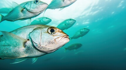 Fototapeta premium A close-up of a fish swimming among others in a vibrant underwater scene, showcasing vivid colors and textures of marine life.
