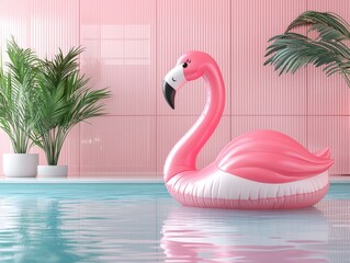 Obraz premium Inflatable pink flamingo in an infinity pool, summer concept