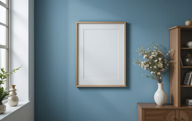 A light wooden frame mockup on a medium-blue wall with vase holds a bouquet of white flowers and furniture in the background.