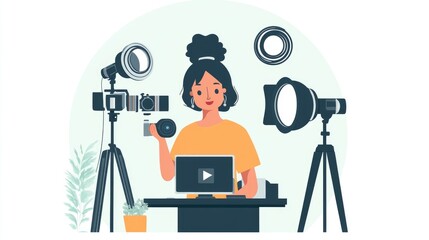 Creative Female Content Creator with Camera and Studio Equipment