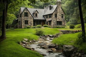 Obraz premium A stunning stone house is beautifully nestled alongside a gentle stream, surrounded by lush greenery, all set within a tranquil landscape under a cloudy sky