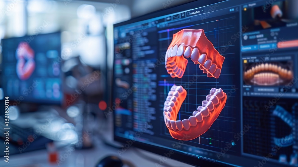 Poster detailed digital representations of dental arches are showcased on a computer screen in a well equip
