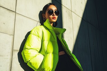 a mixed-race model wearing a neon green puffer jacket and a pencil skirt, with sunglasses, walking down the stairs in front of a grey wall.