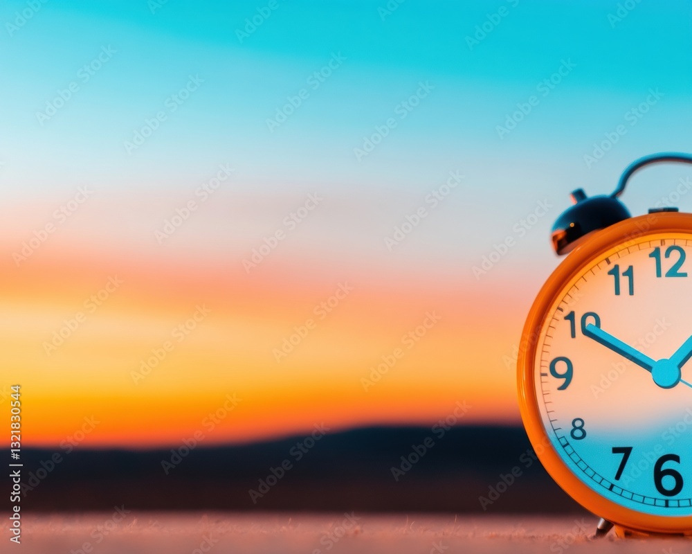 Poster retro digital sunrise nostalgic analog clock symbolizing time management, productivity trends and mi