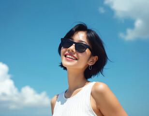 Happy Asian woman with short hair in sunglasses. Beautiful smiling model in casual white sleeveless shirt looks at camera against blue sky. Sunny summer day freedom vibe.
