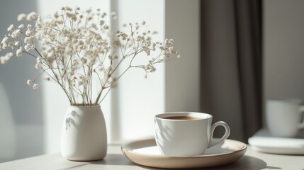 Cozy Morning Scene with Tea, Flowers and Soft Natural Light