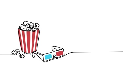 Cinema single line animated illustration with popcorn bucket and 3d glasses. One continuous self drawing line animation, footage for cinemas