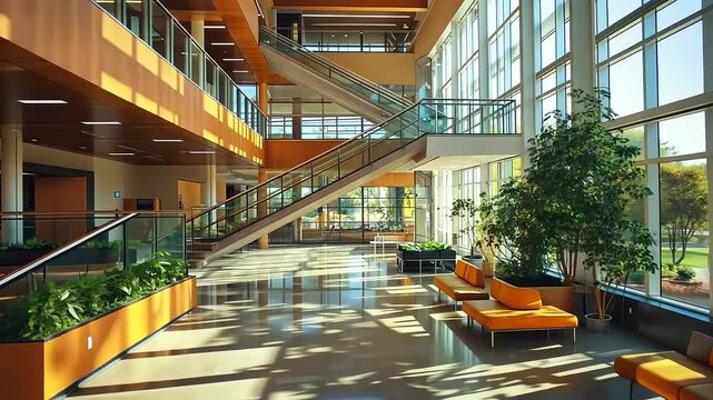 Modern interior of a spacious lobby with natural light, plants, and seating areas.