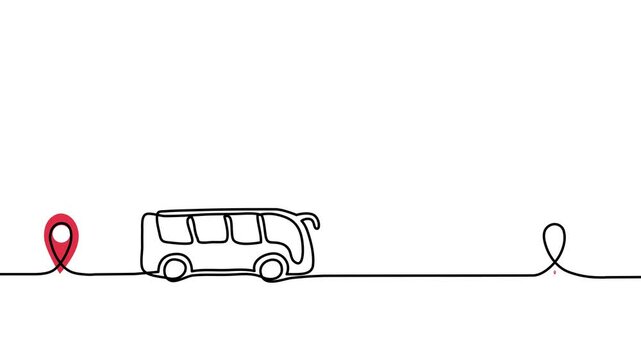 Excursion single line animated illustration with pinpoint icon and bus. One continuous self drawing line animation, footage for bus tourism concept