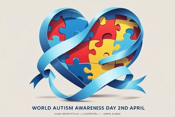 A heart-shaped puzzle made of blue, yellow, and red pieces is embraced by a flowing light blue awareness ribbon. 