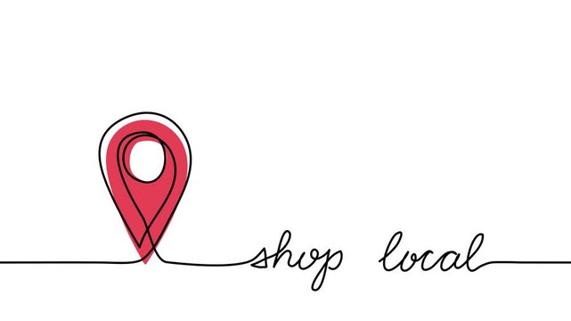 Shop local single line animated illustration with pinpoint icon, minimalist background. One continuous self drawing line animation, footage with lettering shop local