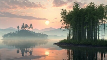 bamboo-and-island-with-forest-trees-reflecting-in-