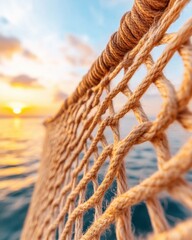 Nautical Nostalgia Golden Hour Tranquility - Macro Rope Texture Capturing Sunset Serenity for Coastal Lifestyle and Travel Marketing