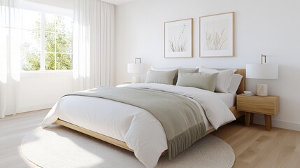 Obraz premium A Scandinavian-style bedroom with minimalist design in mint, soft pink, and cream tones, featuring a modern bed, neutral linens, light wood details, and abundant natural daylight, expressing refined s