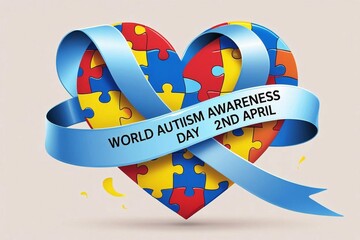 A heart-shaped puzzle made of blue, yellow, and red pieces is embraced by a flowing light blue awareness ribbon. 